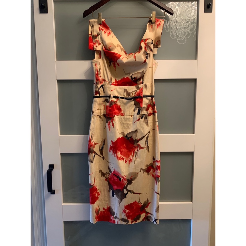 Black Halo Jackie-O Asymmetrical Belted Floral Dress, XS Made in the USA